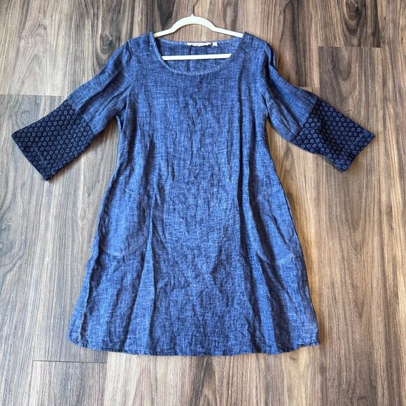 Soft Surroundings Blue Linen 100% Crochet Sleeve Dress Small Lagenlook minimal - Picture 2 of 9